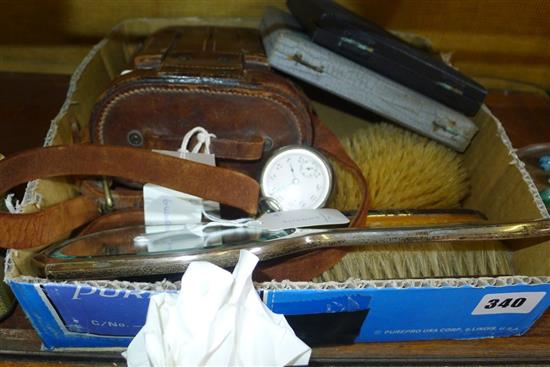 4-pce silver & guilloche enamel dressing table set, silver pocket watch, plated ditto, Tubeuf Paris cased WWI binoculars & sundries